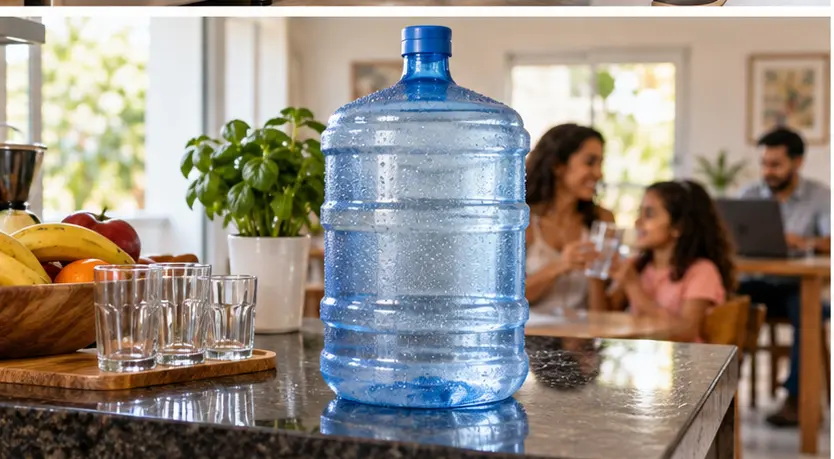 Galão de água mineral de 20 litros em uma cozinha familiar