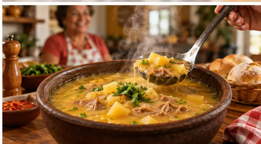 Sopa de mandioca caseira servida quente