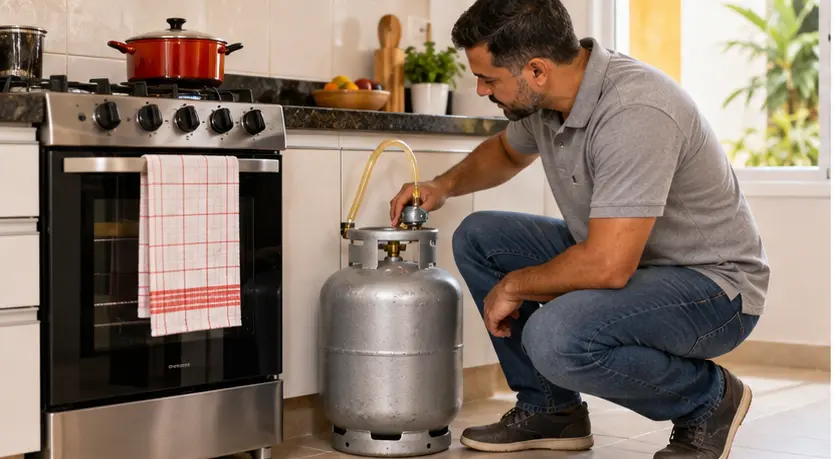 Pessoa verificando com segurança o botijão de gás na cozinha