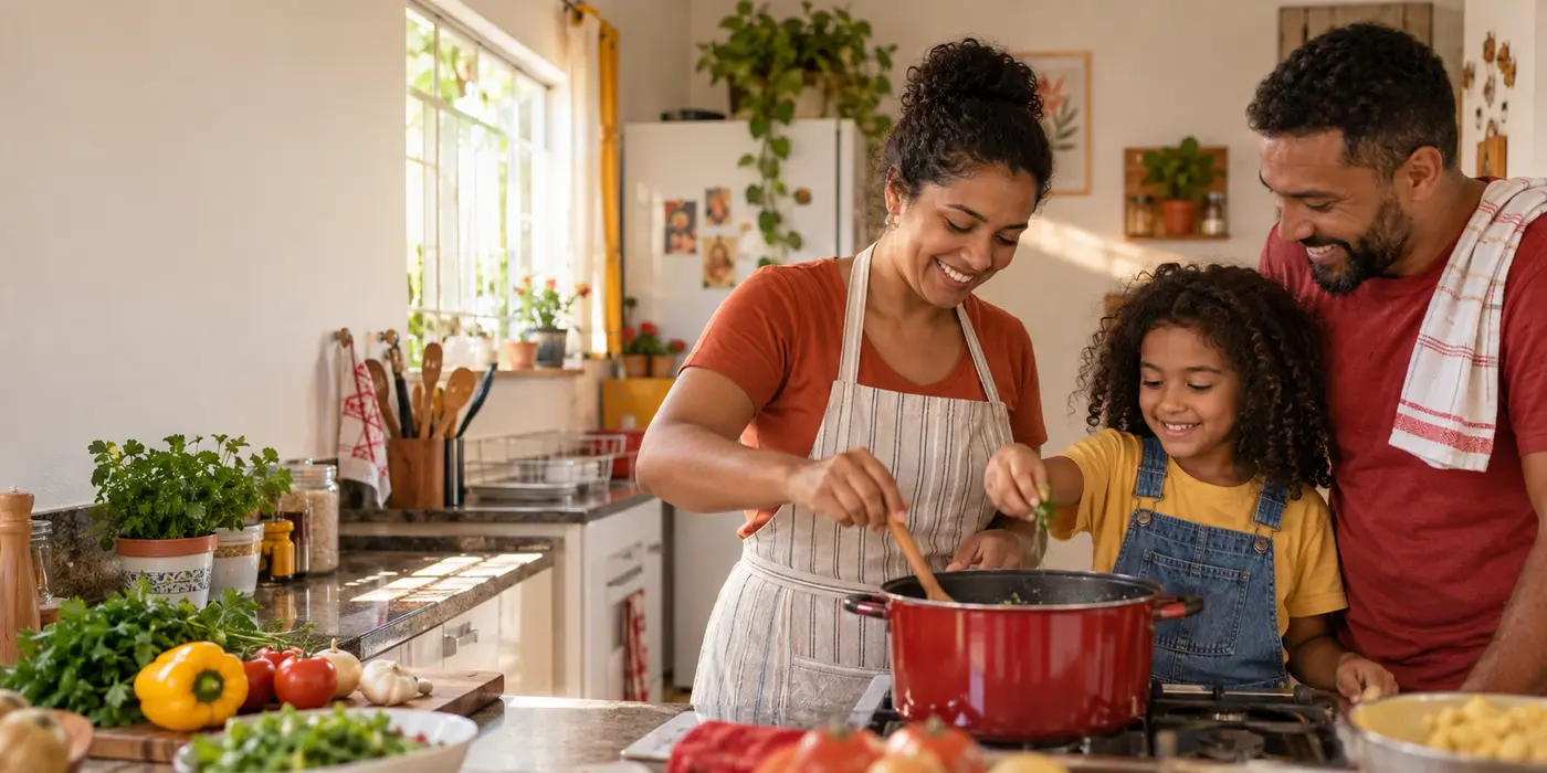 Família preparando uma refeição em casa